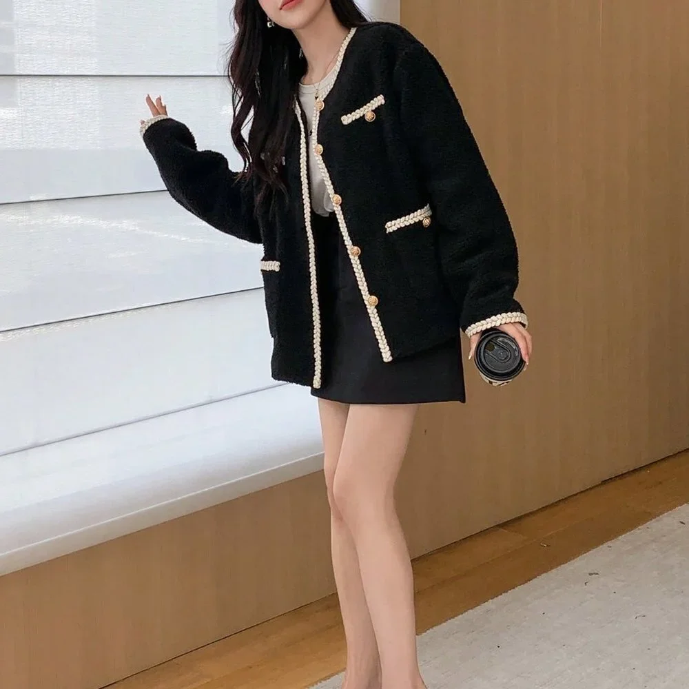 Black Preppy Womens Contrast Trim Drop Shoulder Teddy Jacket